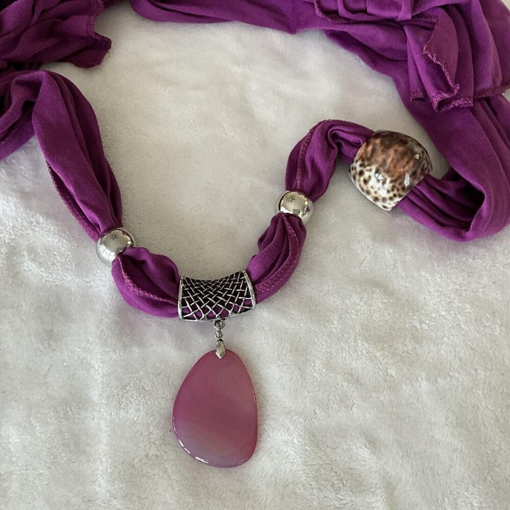 Vintage Cloisonne Scarf Slide Jewelry Purple Stone, Silver And Natural Shell Lot